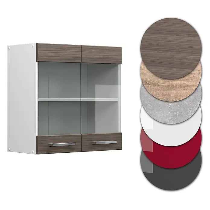 Vicco Schrankküche R-Line Edelgrau - Edelgrau, Hängeglasschrank 60 cm - Wandschrank mit Glastüren, Holzoptikrahmen und Farb-/Materialmuster.