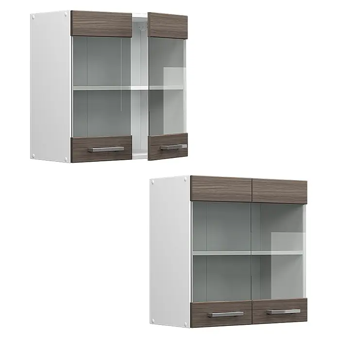 Vicco Schrankküche R-Line Edelgrau - Edelgrau, Hängeglasschrank 60 cm - Zwei weiße Küchen-Hängeschränke mit dunklen Holz-Optik-Rahmen, Glastüren und silbernen Griffen.