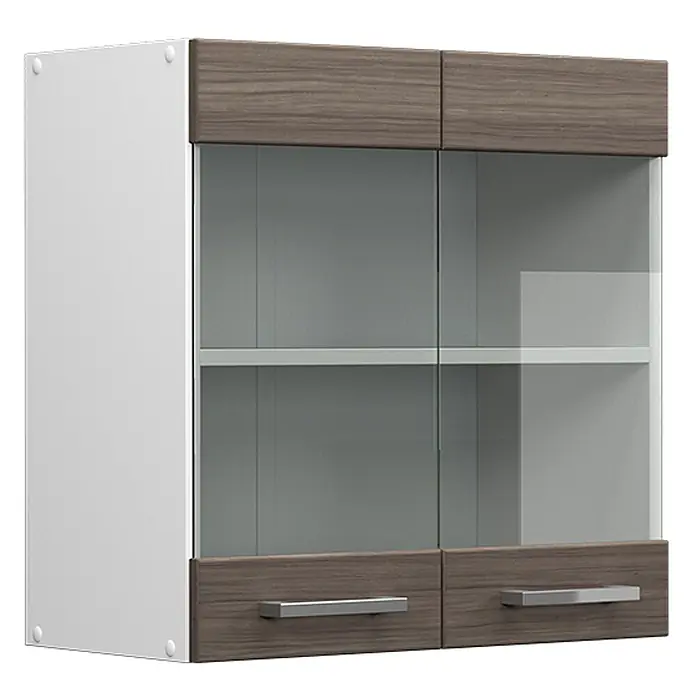 Vicco Schrankküche R-Line Edelgrau - Edelgrau, Hängeglasschrank 60 cm - Weißer Hängeschrank mit Holzmaserung, zwei Glastüren und zwei Schubladen unten, mit silbernen Griffen.