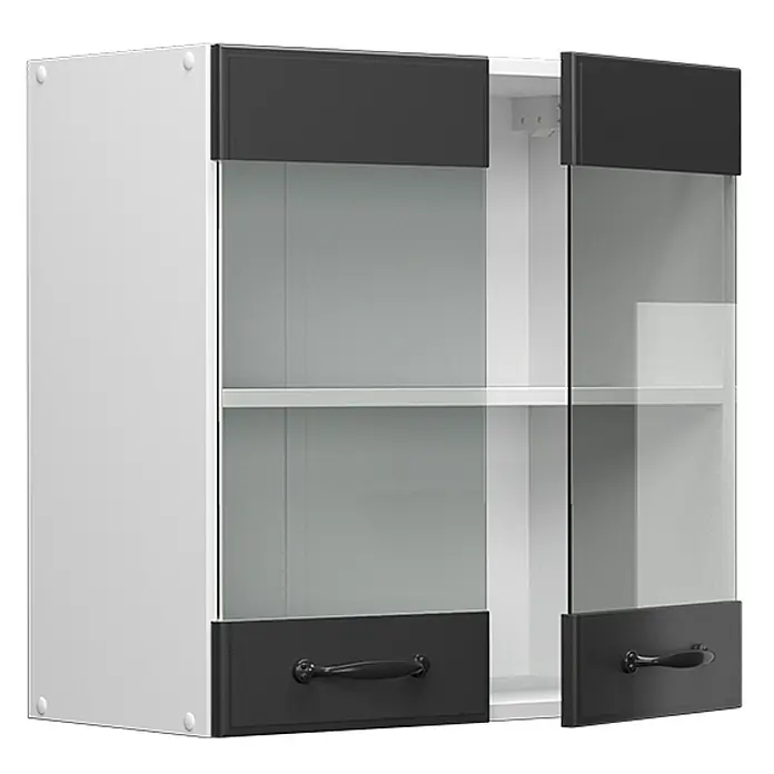 Vicco Schrankküche R-Line Anthrazit Landhaus - Anthrazit Landhaus, Hängeglasschrank 60 cm - Weißer Wandschrank mit zwei Flügeltüren, schwarzen Ober-/Unterseiten, Klarglaseinsätzen und schwarzen Griffen. Mit Einlegeboden.