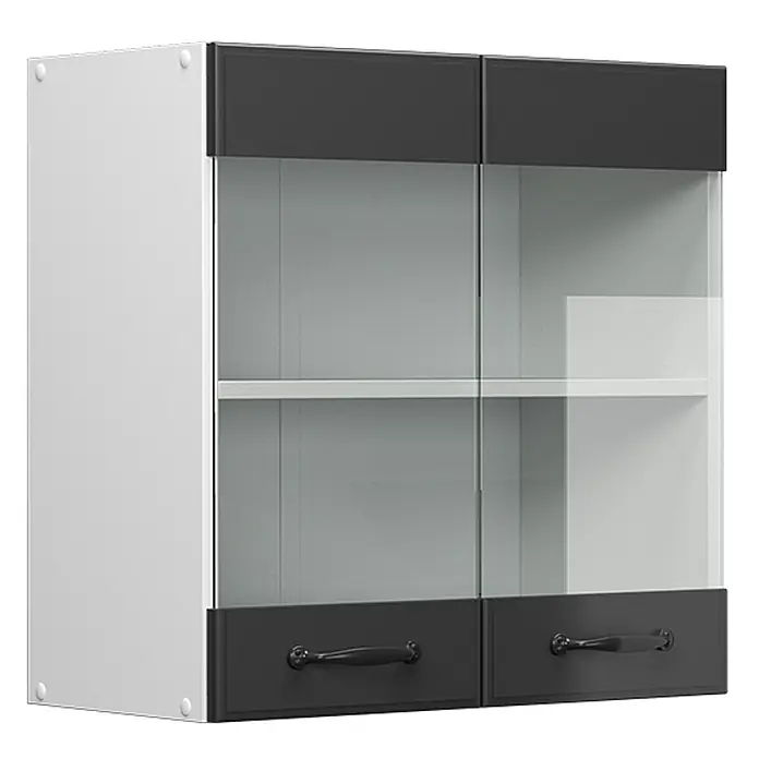 Vicco Schrankküche R-Line Anthrazit Landhaus - Anthrazit Landhaus, Hängeglasschrank 60 cm - Weiß-dunkelgrauer Hängeschrank mit zwei Glastüren, zwei Bodenschubladen und schwarzen Griffen.