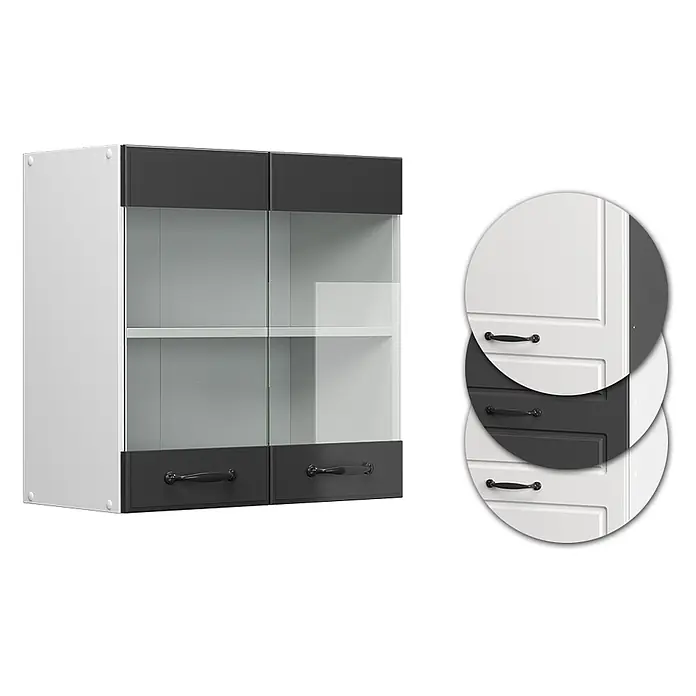 Vicco Schrankküche R-Line Anthrazit Landhaus - Anthrazit Landhaus, Hängeglasschrank 60 cm - Weißer Küchenhängeschrank mit dunkelgrauen Volltüren, Glasfronten und schwarzen Griffen.