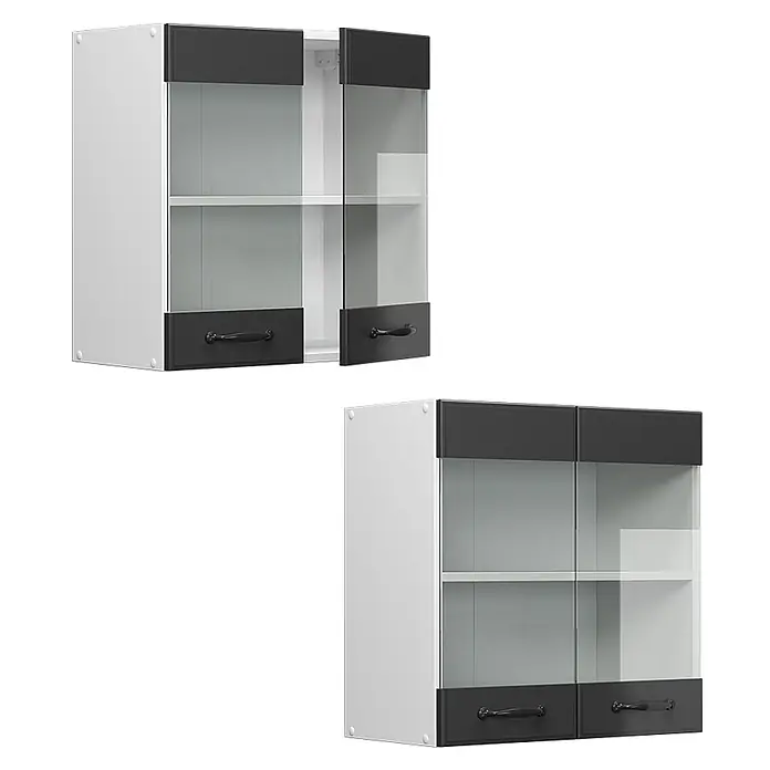 Vicco Schrankküche R-Line Anthrazit Landhaus - Anthrazit Landhaus, Hängeglasschrank 60 cm - Weißer Küchenhängeschrank mit schwarzen Akzentplatten, Glastüren und schwarzen Griffen.