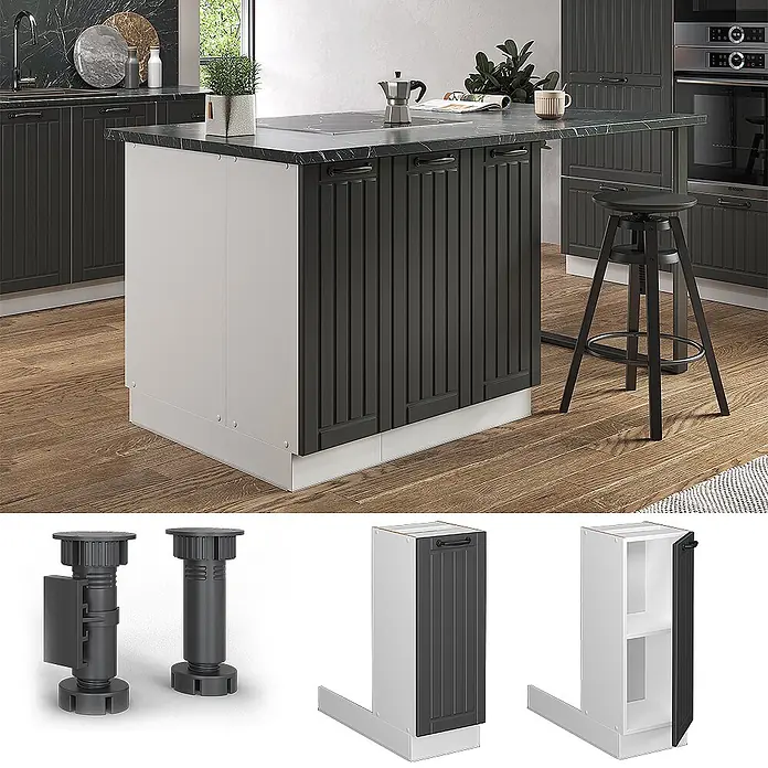 Vicco Inselküche Fame-Line Anthrazit Landhaus ohne Arbeitsplatte - Breite: 30 cm, Anthrazit Landhaus, Ohne Elektrogeräte - Kücheninsel-Sockel mit verstellbaren Sockelfüßen, weißer Sockelleiste und einem schmalen, dunklen, gerillten Auszugschrank mit Regalen.