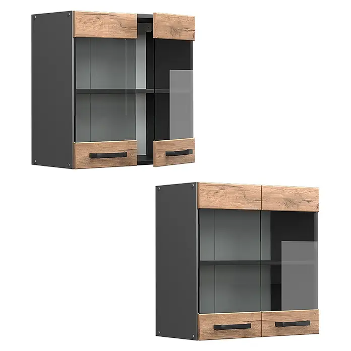 Vicco Schrankküche R-Line Goldkraft Eiche - Goldkraft Eiche, Hängeglasschrank 60 cm - Anthrazitfarbener Hängeschrank mit hellen Holzfronten, Glastüren und schwarzen Griffen. Offen und geschlossen gezeigt.