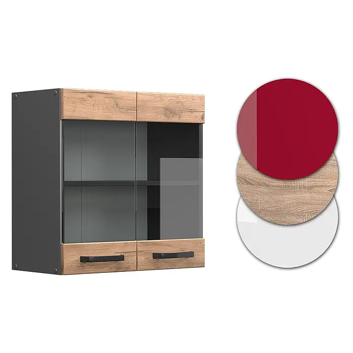 Vicco Schrankküche R-Line Goldkraft Eiche - Goldkraft Eiche, Hängeglasschrank 60 cm - Dunkelgrauer Wandschrank mit heller Holzplatte oben/unten und Glastüren mit schwarzen Griffen.