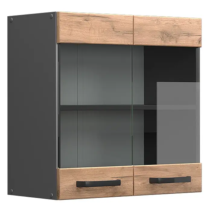 Vicco Schrankküche R-Line Goldkraft Eiche - Goldkraft Eiche, Hängeglasschrank 60 cm - Hängeschrank mit dunkelgrauem Korpus, hellen Holzfronten oben/unten und zwei Glastüren mit schwarzen Griffen.