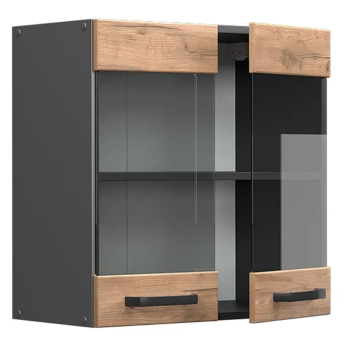 Vicco Schrankküche R-Line Goldkraft Eiche - Goldkraft Eiche, Hängeglasschrank 60 cm - Dunkelgrauer Wandschrank mit hellen Holz-Akzenten, Glas- und Holztüren, teilweise geöffnet. Mit schwarzen Griffen.