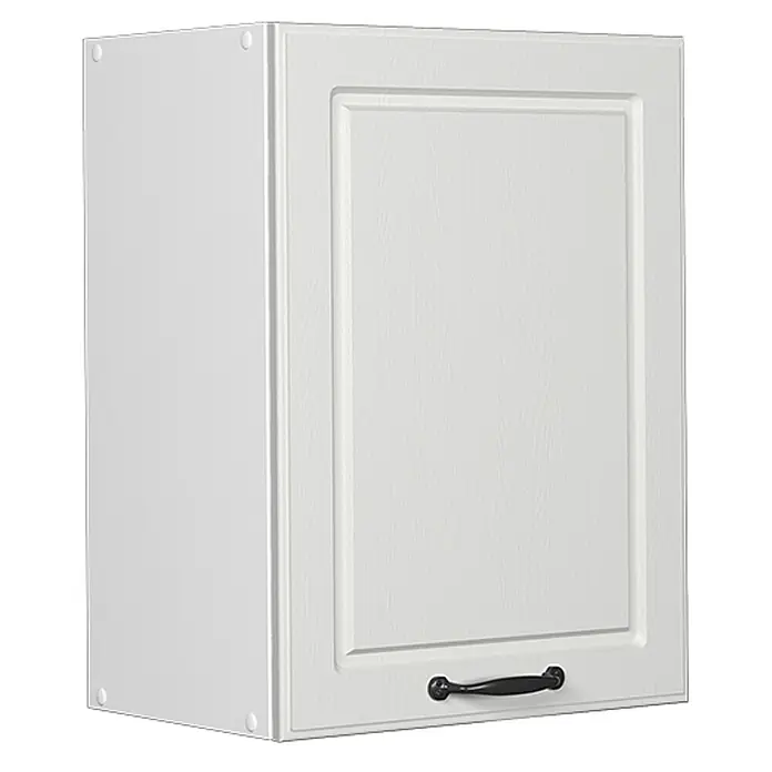 Vicco Schrankküche R-Line Weiß Landhaus - Weiß Landhaus, Hängeschrank 45 cm - Weißer Wandschrank mit texturierter Tür, Kassettenfront und schwarzem Griff.
