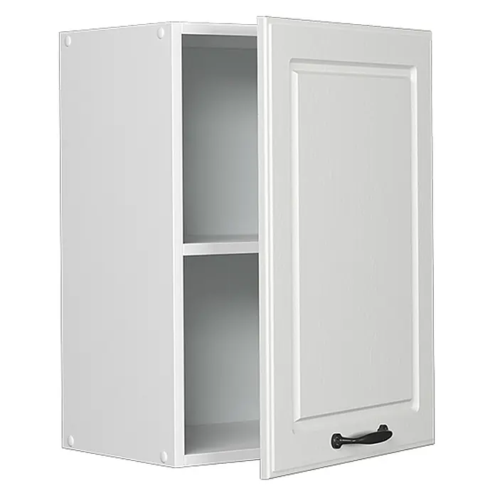 Vicco Schrankküche R-Line Weiß Landhaus - Weiß Landhaus, Hängeschrank 45 cm - Weißer Küchenhängeschrank mit offener Tür, der zwei Einlegeböden zeigt. Mit schwarzem Griff.