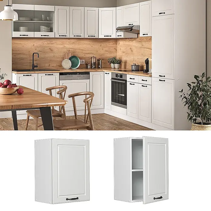 Vicco Schrankküche R-Line Weiß Landhaus - Weiß Landhaus, Hängeschrank 45 cm - Weißer Küchenschrank mit Kassettenfront und schwarzen Griffen, integriert in eine moderne Küche.