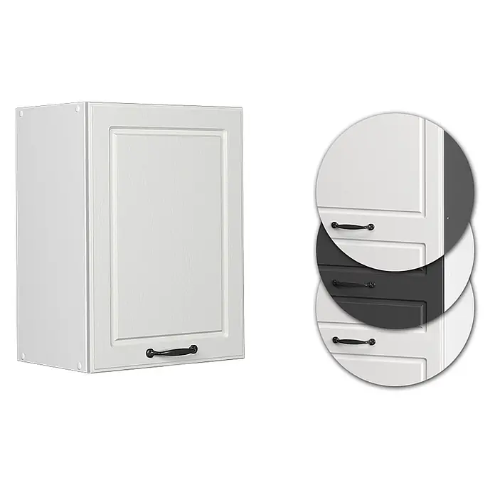 Vicco Schrankküche R-Line Weiß Landhaus - Weiß Landhaus, Hängeschrank 45 cm - Weißer Küchenschrank mit Kassettentür und schwarzem Griff, in verschiedenen Farben erhältlich.