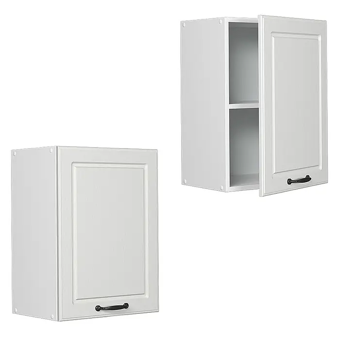 Vicco Schrankküche R-Line Weiß Landhaus - Weiß Landhaus, Hängeschrank 45 cm - Zwei weiße Küchenoberschränke. Einer ist geschlossen, der andere offen mit zwei Regalböden und einem schwarzen Griff.