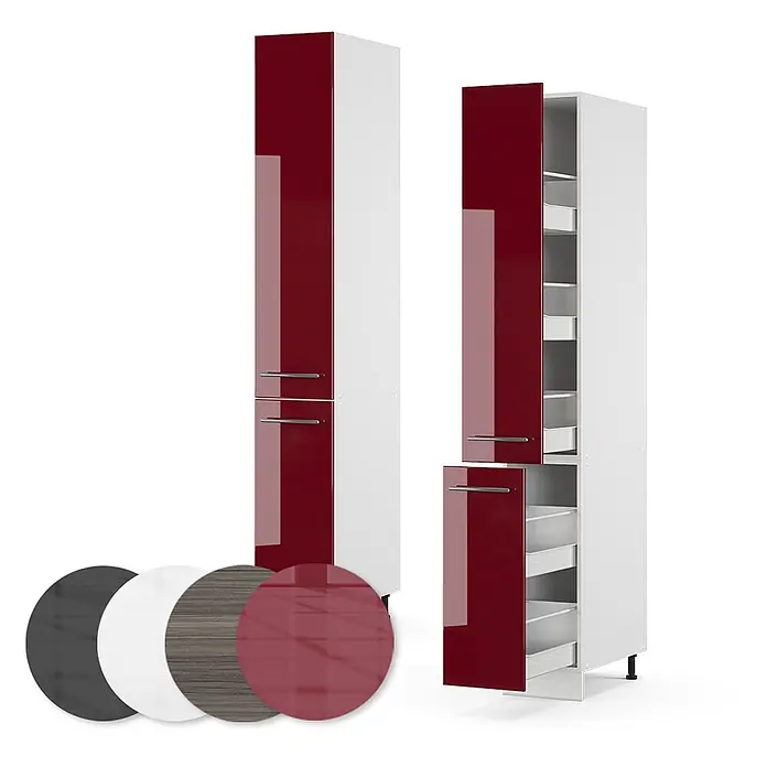 Vicco Schrankküche Fame-Line Bordeaux Hochglanz - Breite: 30 cm, Bordeaux Hochglanz, Apothekerhochschrank 30 cm - Zwei hohe Küchenschränke, weißer Korpus mit glänzenden dunkelroten Türen, einer offen mit Schubladen. Farbmuster dabei.
