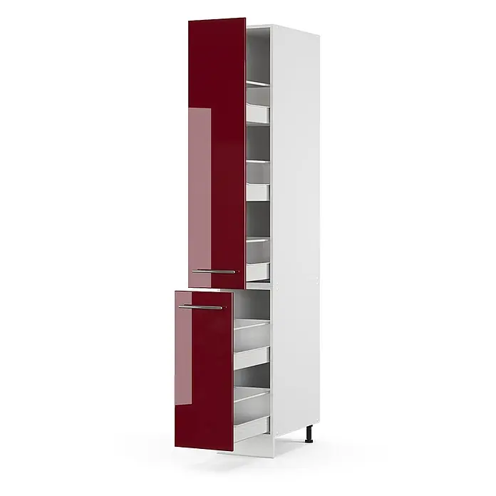 Vicco Schrankküche Fame-Line Bordeaux Hochglanz - Breite: 30 cm, Bordeaux Hochglanz, Apothekerhochschrank 30 cm - Hoher Küchenschrank mit weißem Korpus und zwei offenen, glänzenden, tiefroten Türen, die mehrere Auszugsschubladen zeigen.