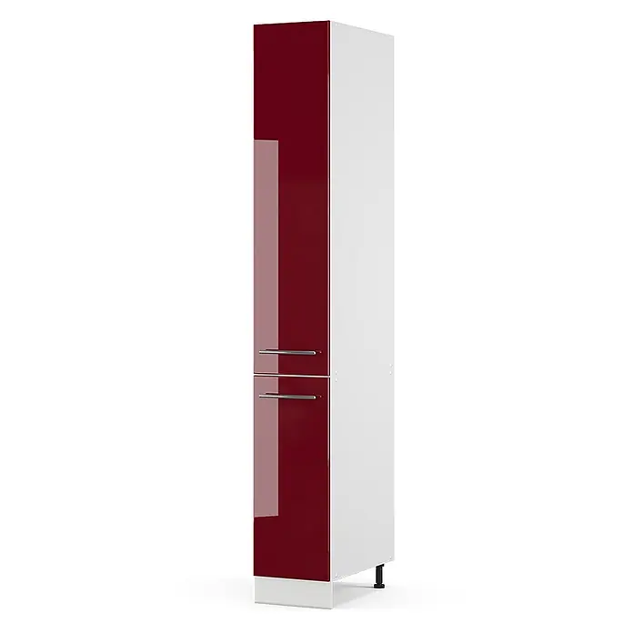 Vicco Schrankküche Fame-Line Bordeaux Hochglanz - Breite: 30 cm, Bordeaux Hochglanz, Apothekerhochschrank 30 cm - Hoher, schmaler Schrank mit glänzend roter Front, weißer Seite und zwei silbernen Griffen.