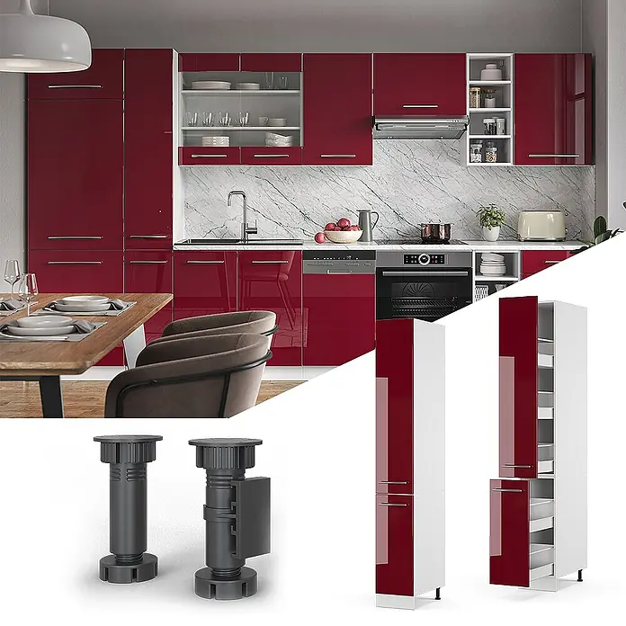 Vicco Schrankküche Fame-Line Bordeaux Hochglanz - Breite: 30 cm, Bordeaux Hochglanz, Apothekerhochschrank 30 cm - Moderne hochglanzrote Küche mit Marmor-Spritzschutz und Essbereich. Einsätze zeigen verstellbare Möbelfüße und Hochschränke mit Auszügen.