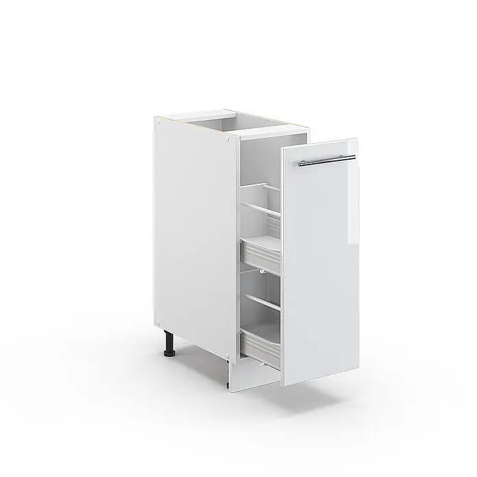 Vicco Schrankküche Fame-Line Weiß Hochglanz ohne Arbeitsplatte - Weiß Hochglanz, Apothekerunterschrank 30 cm - Weißer glänzender Küchenunterschrank mit offenem Auszugschrank, mehreren Ablagen und Metallgriff.