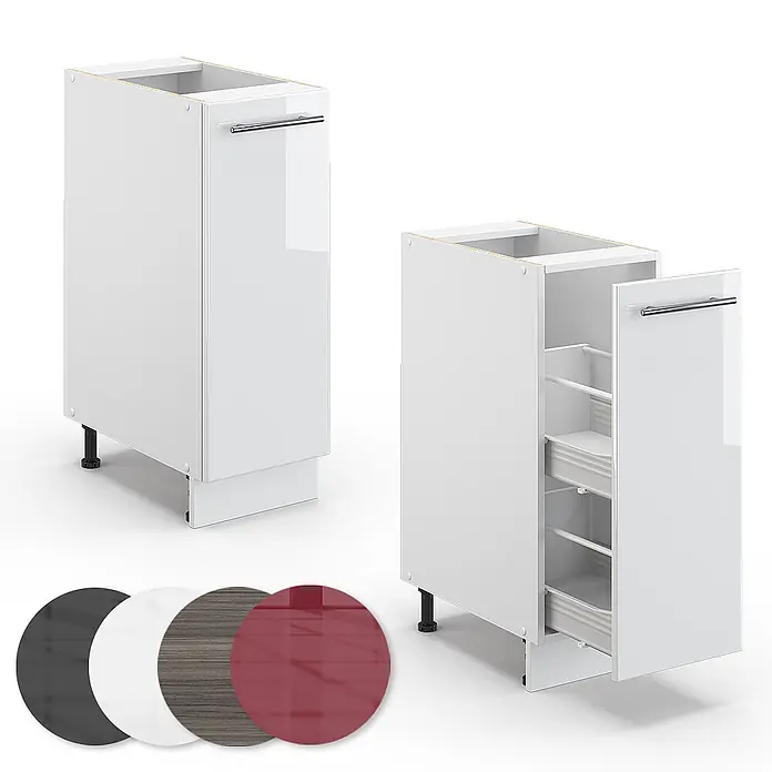 Vicco Schrankküche Fame-Line Weiß Hochglanz ohne Arbeitsplatte - Weiß Hochglanz, Apothekerunterschrank 30 cm - Weißer Hochglanz-Küchenunterschrank mit Chromgriff, geschlossen und geöffnet mit Auszugsgitter gezeigt. Inkl. Farbmuster.