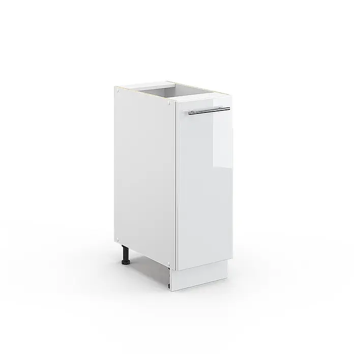 Vicco Schrankküche Fame-Line Weiß Hochglanz ohne Arbeitsplatte - Weiß Hochglanz, Apothekerunterschrank 30 cm - Weißer Hochglanz-Küchenunterschrank mit silbernem Griff, verstellbaren schwarzen Beinen und Sockelblende.