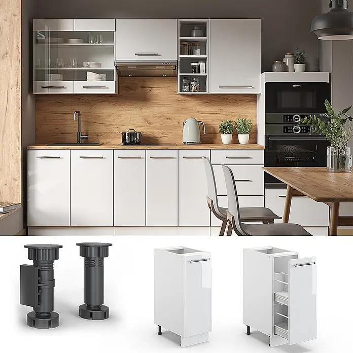 Vicco Schrankküche Fame-Line Weiß Hochglanz ohne Arbeitsplatte - Weiß Hochglanz, Apothekerunterschrank 30 cm - Moderne Küche mit weißen Hochglanz-Unter- und Oberschränken, einer Arbeitsplatte und Rückwand in Holzoptik.