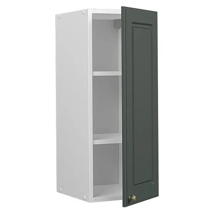 Vicco Schrankküche Fame-Line Grün-Gold Landhaus - Grün-Gold Landhaus, Hängeschrank 30 cm - Weißer Wandschrank mit dunkelgrüner Kassettentür und Messingknauf, Regalböden sichtbar.