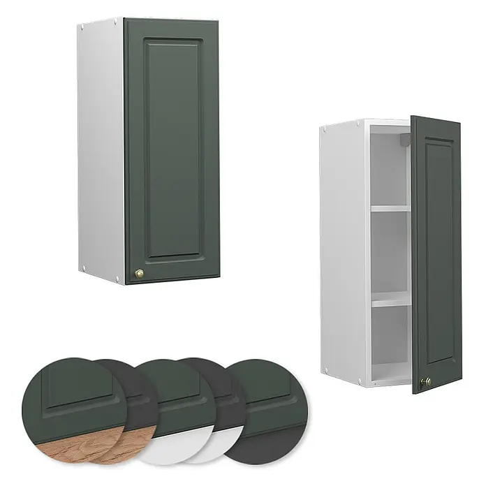 Vicco Schrankküche Fame-Line Grün-Gold Landhaus - Grün-Gold Landhaus, Hängeschrank 30 cm - Dunkelgrüner Küchenoberschrank, geschlossen und offen mit Regalen gezeigt. Mehrere Ausführungen verfügbar.