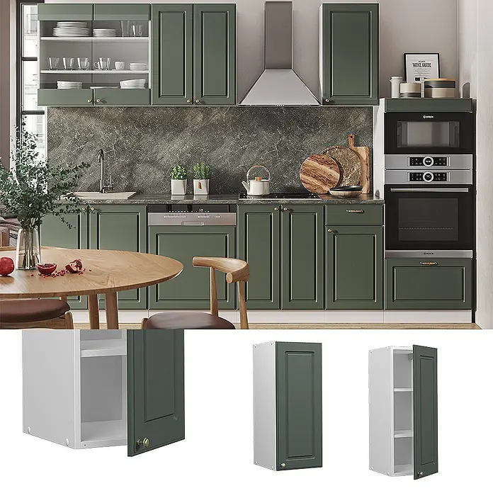 Vicco Schrankküche Fame-Line Grün-Gold Landhaus - Grün-Gold Landhaus, Hängeschrank 30 cm - Grüne Küchenschränke mit Paneeltüren, in einer kompletten Küche installiert.