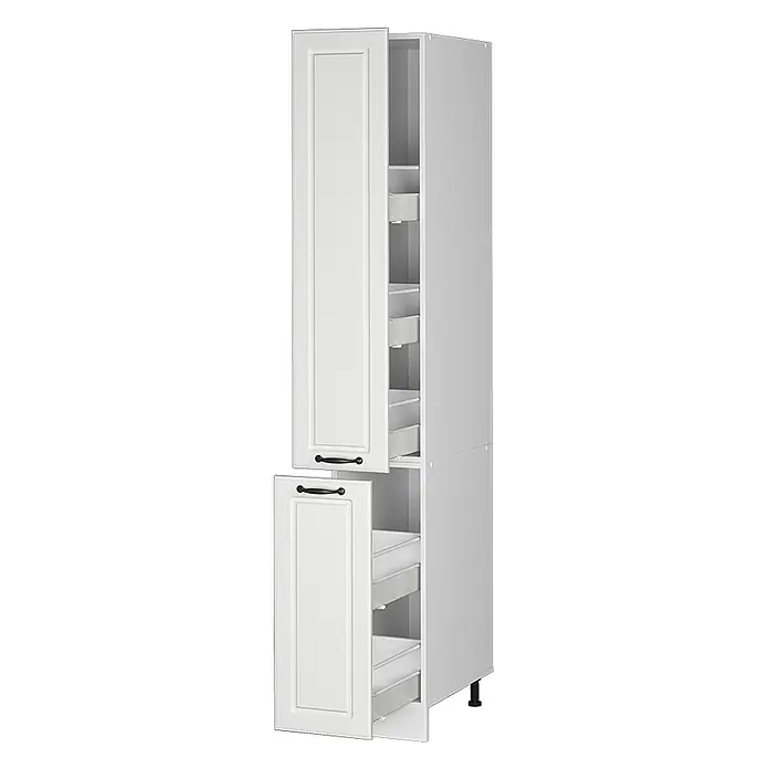Vicco Schrankküche R-Line Weiß Landhaus - Weiß Landhaus, Apothekerhochschrank 30 cm - Weißer hoher Vorratsschrank mit Kassettentüren und schwarzen Griffen, mit ausziehbaren Innenschubladen.