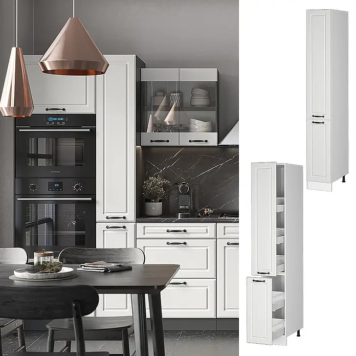 Vicco Schrankküche R-Line Weiß Landhaus - Weiß Landhaus, Apothekerhochschrank 30 cm - Hoher weißer Küchenschrank mit zwei Türen im Shaker-Stil, eine geöffnet und mit ausziehbaren Lagerregalen.