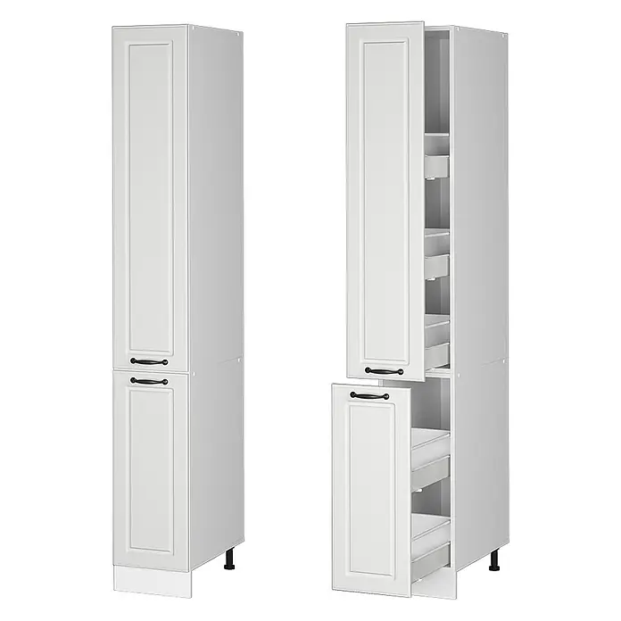 Vicco Schrankküche R-Line Weiß Landhaus - Weiß Landhaus, Apothekerhochschrank 30 cm - Weißer hoher Küchenschrank mit ausziehbaren Aufbewahrungsfächern, eine Tür geöffnet.