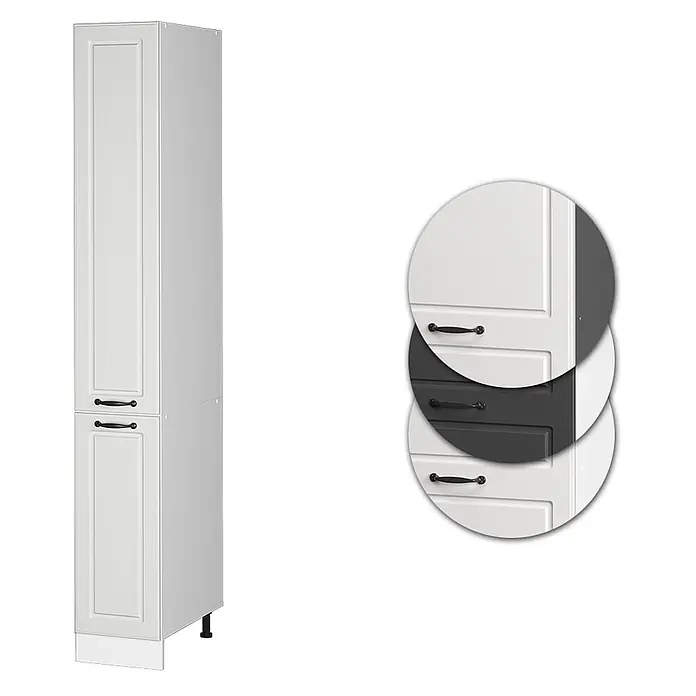 Vicco Schrankküche R-Line Weiß Landhaus - Weiß Landhaus, Apothekerhochschrank 30 cm - Hoher weißer Küchenschrank mit zwei Türen und schwarzen Griffen. Erhältlich in Weiß oder Dunkelgrau.