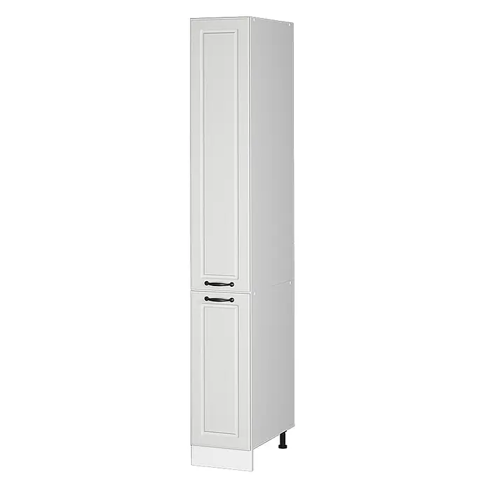 Vicco Schrankküche R-Line Weiß Landhaus - Weiß Landhaus, Apothekerhochschrank 30 cm - Weißer hoher Lagerschrank mit zwei Türen und schwarzen Griffen.