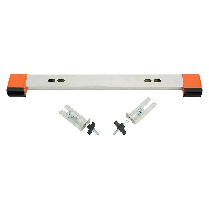 Krause Traverse - L x B x H: 1.250 x 110 x 70 mm, Metall - Das Bild zeigt eine Nivellierungsleiste und zwei Klemmen, die zusammen ein Nivellierungswerkzeug bilden. Ideal für präzise Messungen und Installationen.