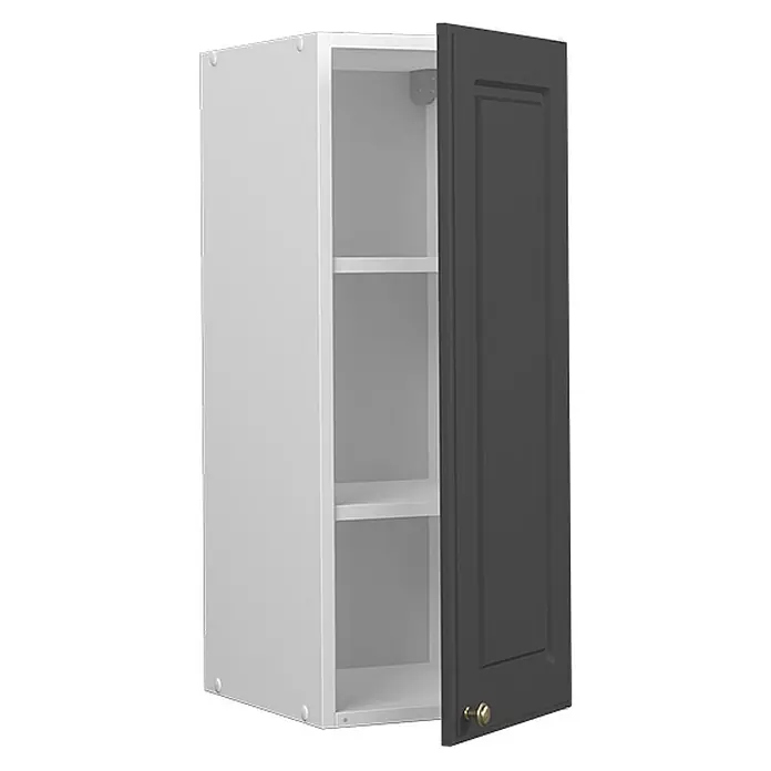 Vicco Schrankküche Fame-Line Anthrazit-Gold - Anthrazit-Gold, Hängeschrank 30 cm - Weißer Küchenoberschrank mit zwei Einlegeböden, dunkler grauer Shaker-Tür und goldenem Knauf, leicht geöffnet.