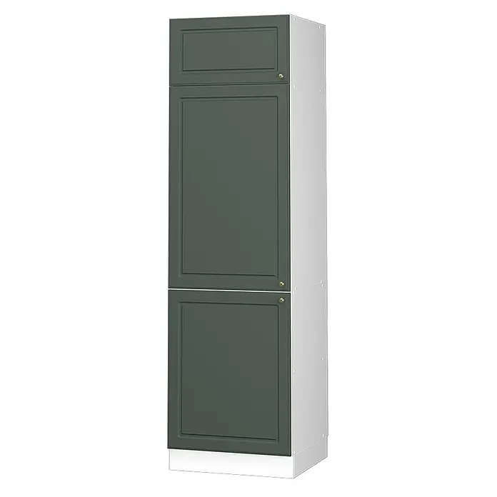 Vicco Schrankküche Fame-Line Grün-Gold Landhaus - Grün-Gold Landhaus, Kühlumbauschrank 60 cm - Hoher, dunkelgrüner Küchenschrank mit Kassettentüren und Messingknöpfen, mit weißem Rahmen und Sockel.