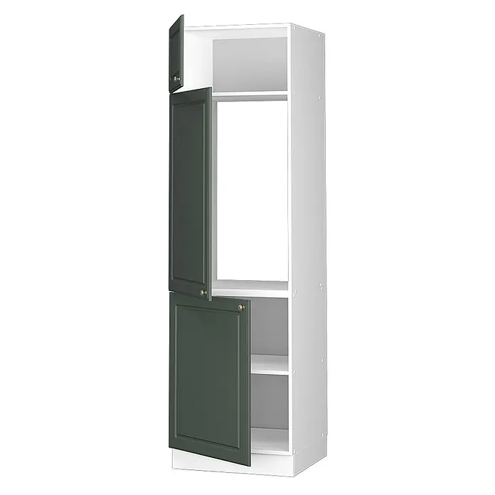 Vicco Schrankküche Fame-Line Grün-Gold Landhaus - Grün-Gold Landhaus, Kühlumbauschrank 60 cm - Hoher weißer Küchenschrank mit dunkelgrünen Paneeltüren, offen mit Regalböden und Geräteraum.