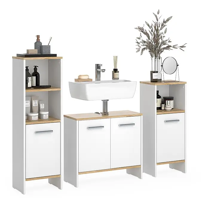 Vicco Badmöbel-Set Karli Weiß/Goldkraft Eiche 3-teilig - Weiß, Matt - Modernes weißes Badmöbelset mit hellen Eichendetails, bestehend aus einem Waschbeckenunterschrank und zwei Hochschränken.