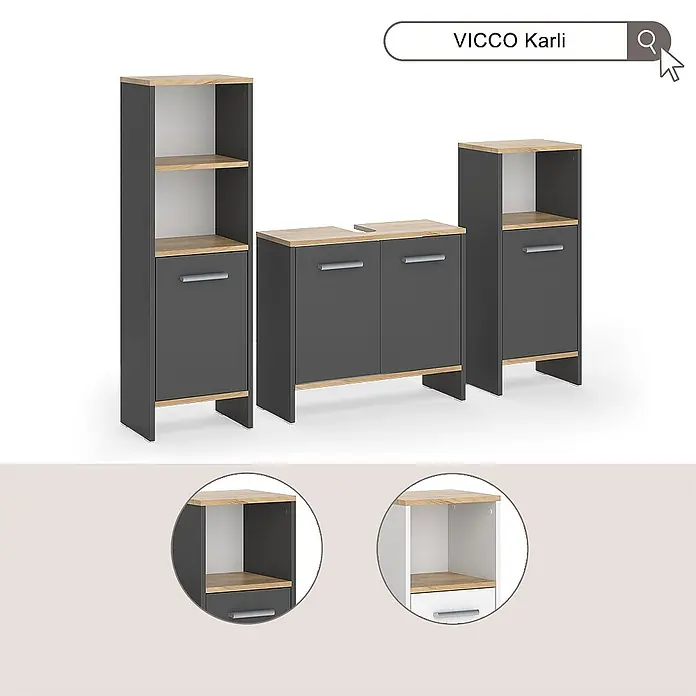 Vicco Badmöbel-Set Karli Weiß/Goldkraft Eiche 3-teilig - Weiß, Matt - Set aus drei dunkelgrauen Badschränken mit hellen Holzdetails. Enthält Hochschrank, Waschtischunterschrank und Kommode.