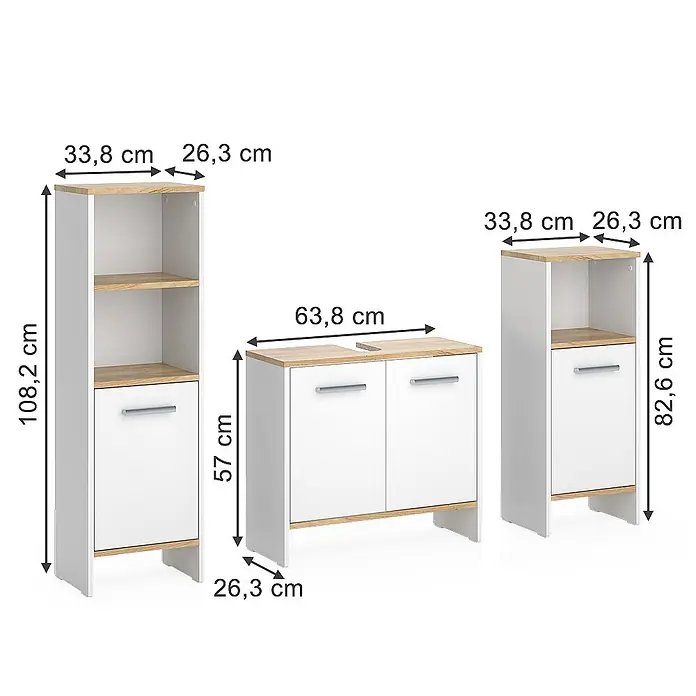 Vicco Badmöbel-Set Karli Weiß/Goldkraft Eiche 3-teilig - Weiß, Matt - Drei weiße/Eichenholz-Optik Aufbewahrungsmöbel: ein hoher Regalschrank, ein niedriger Zweitürerschrank und ein kurzer Regalschrank, alle mit silbernen Griffen.