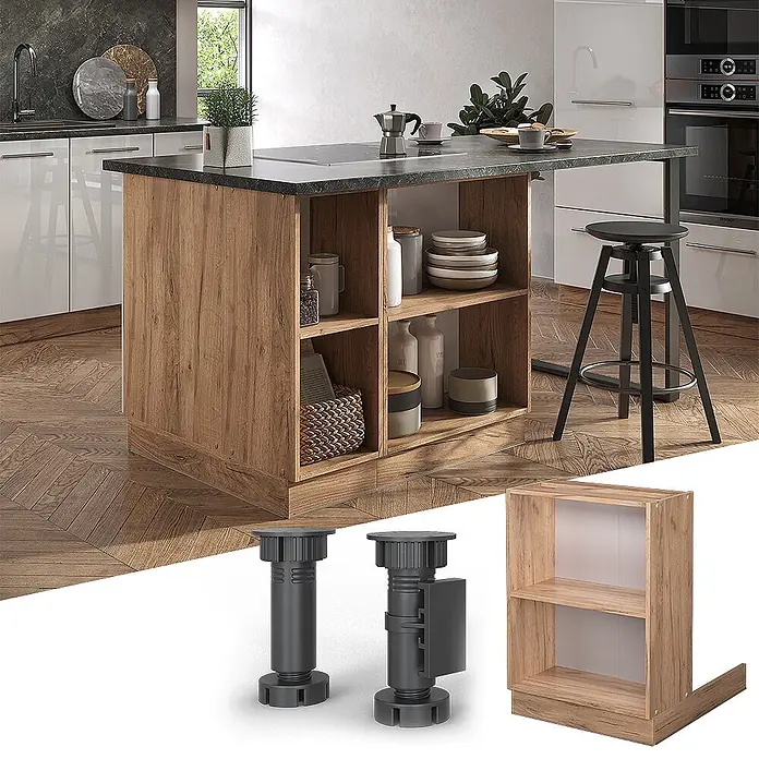 Vicco Inselküche Fame-Line Goldkraft Eiche ohne Arbeitsplatte - Goldkraft Eiche, Ohne Elektrogeräte - Hölzerne Kücheninsel mit dunkler Platte und offenen Regalen, in Küche genutzt. Modulares Design mit verstellbaren Beinen und Regaleinheit.