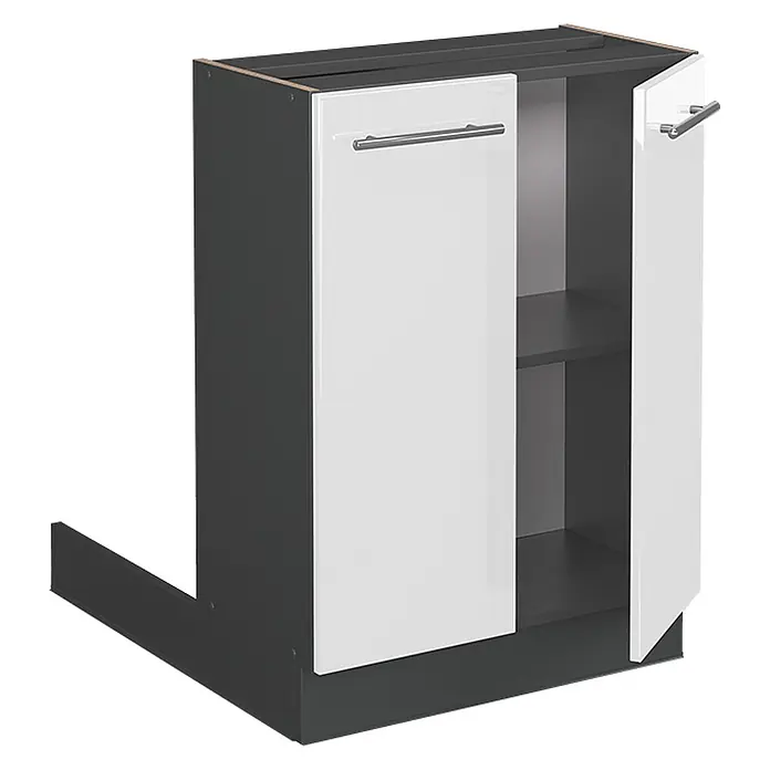 Vicco Inselküche Fame-Line Weiß Hochglanz ohne Arbeitsplatte - Breite: 60 cm, Weiß Hochglanz, Ohne Elektrogeräte - Dunkelgrauer Unterschrank mit zwei weißen Hochglanztüren und silbernen Griffen, eine Tür offenbart ein Innenregal.