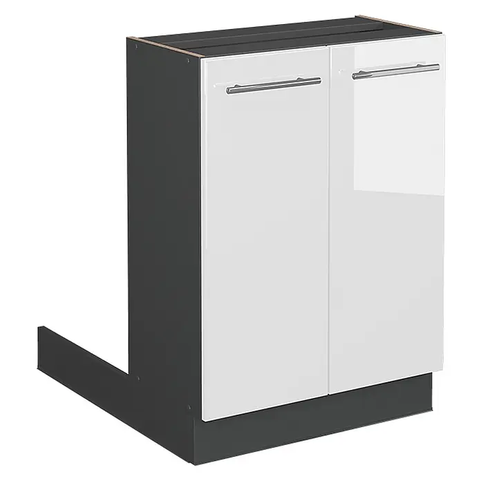 Vicco Inselküche Fame-Line Weiß Hochglanz ohne Arbeitsplatte - Breite: 60 cm, Weiß Hochglanz, Ohne Elektrogeräte - Dunkelgrauer Unterschrank mit zwei hochglänzend weißen Türen, Metallgriffen und Sockelleiste.