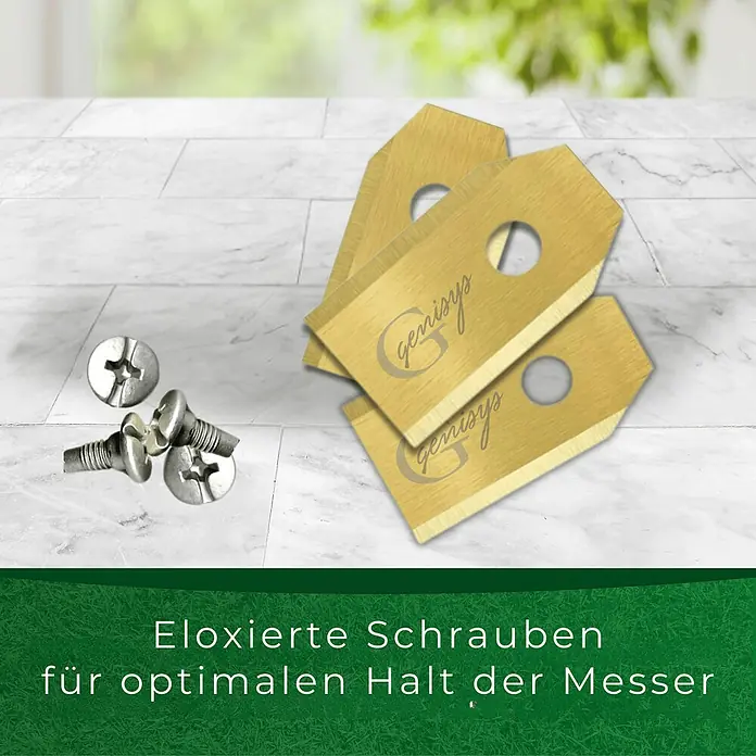 Genisys Ersatzmesser-Set für Mähroboter - Passend für: für Gardena, 9 Stk. - Goldene Genisys Rasenroboter-Messer und eloxierte Schrauben für optimalen Klingenhalt.