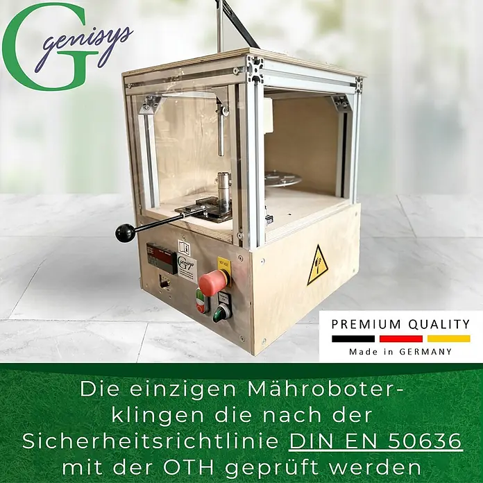 Genisys Ersatzmesser-Set für Mähroboter - Passend für: für SunSeeker, 9 Stk. - Prüfmaschine für Mähroboterklingen mit Aluminiumrahmen, Holzgehäuse und Bedienfeld zur Sicherheitsprüfung.