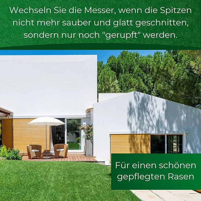 Genisys Ersatzmesser-Set für Mähroboter - Passend für: für SunSeeker, 9 Stk. - Satter grüner Rasen vor einem modernen Haus, der das Ergebnis scharfer Mähermesser zeigt.