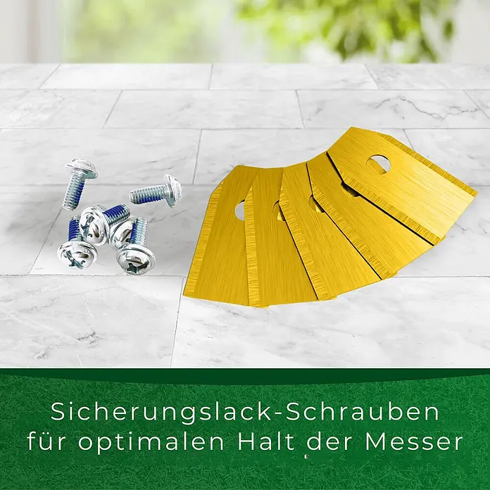Genisys Ersatzmesser-Set für Mähroboter - Passend für: für Suntek, 9 Stk. - Goldene Klingen und silberne Schrauben mit blauem Sicherungslack.