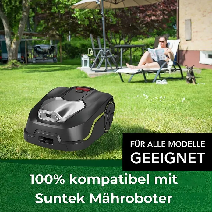 Genisys Ersatzmesser-Set für Mähroboter - Passend für: für Suntek, 9 Stk. - Schwarzer Mähroboter mit silbernen und limettengrünen Akzenten.