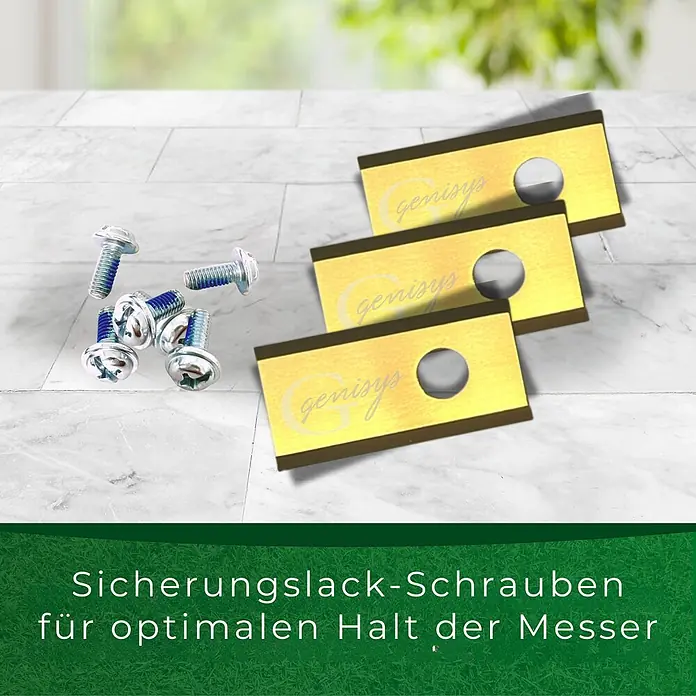 Genisys Ersatzmesser-Set für Mähroboter - Passend für: für Terramow, 30 Stk. - Silberne Schrauben mit blauer Gewindebeschichtung und goldene Klingen mit Loch und 'genisys' Logo zur sicheren Klingenbefestigung.
