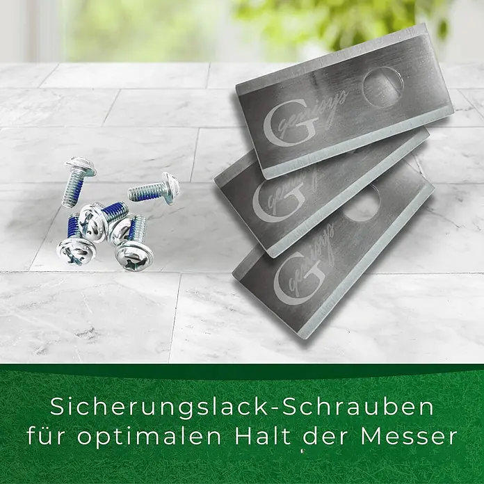 Genisys Ersatzmesser-Set für Mähroboter - Passend für: für Grouw, 18 Stk. - Silberne Klingen mit Logo und blaue Sicherungslack-Schrauben für optimalen Halt.